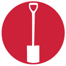 white shovel in a red circle